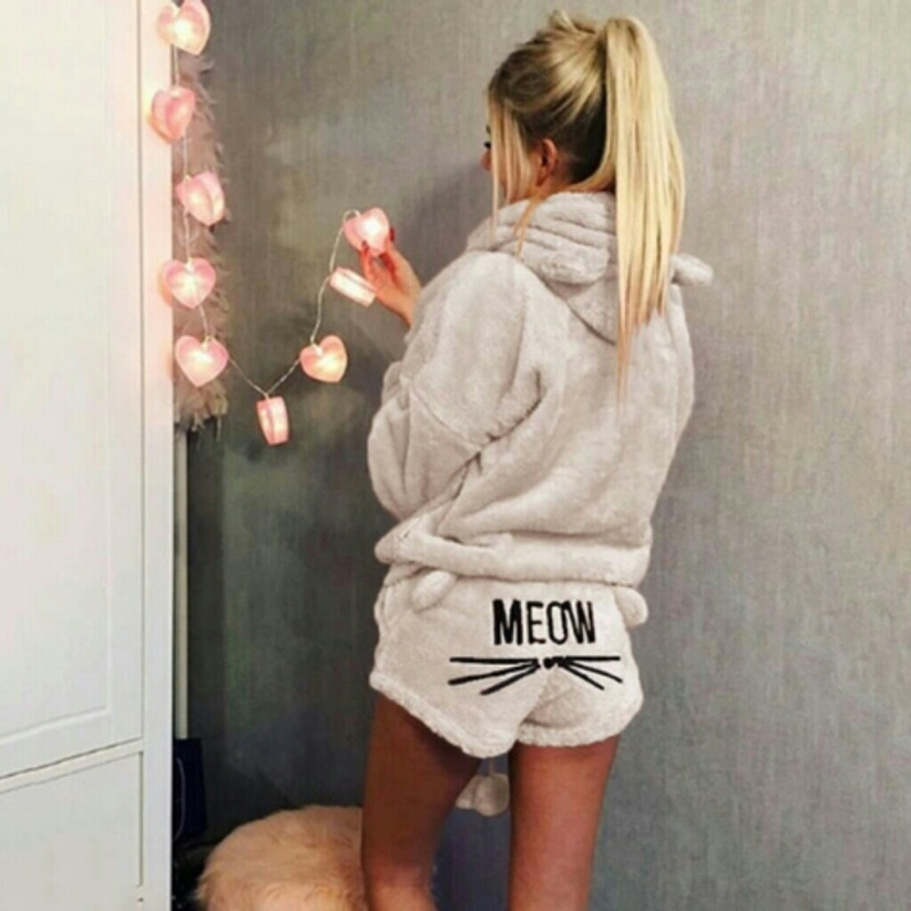 LAST ONE Fuzzy pj hoodie booty short set cat White